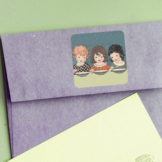 ヴィンテージ小さな女の子食べズスープスリーシスターズ スクエアシール