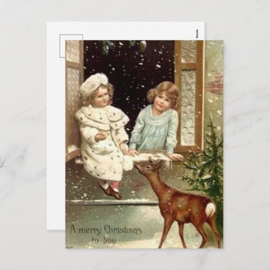 ヴィンテージ小さな女の子食べ物を与えの鹿のクリスマス シーズンポストカード (正面/裏面)