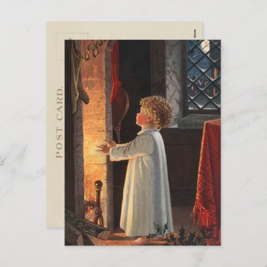 ヴィンテージ小さな女の子(暖炉クリスマス) シーズンポストカード (正面/裏面)