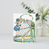 ヴィンテージ小さな女の子,黄色い雛,アヒル ポストカード (スタンド正面)