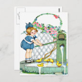 ヴィンテージ小さな女の子,黄色い雛,アヒル ポストカード (正面/裏面)