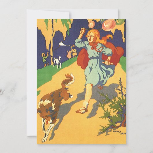 ヴィンテージ小さな赤い乗馬フード、犬と風船 招待状 (正面)