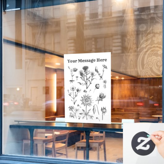 ヴィンテージ小さな野生のフラワーブラックシンプルの線 ウィンドウサイン (カフェ窓)