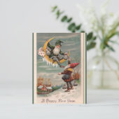 ヴィンテージ小人とコインバッグ新年おめでとう ポストカード (スタンド正面)