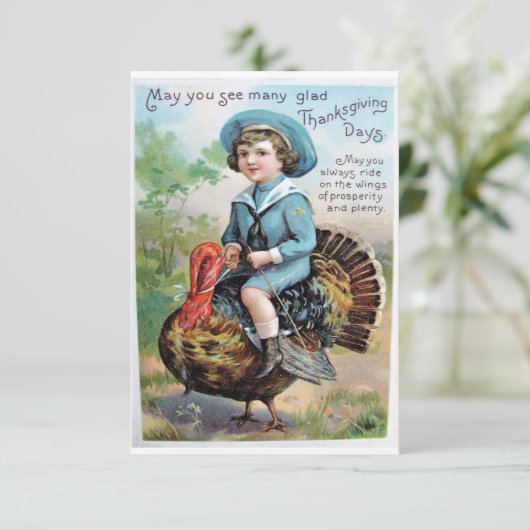 ヴィンテージ少年が七面鳥に乗る感謝祭の挨拶 カード (スタンド正面)