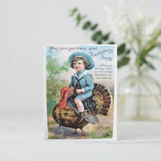 ヴィンテージ少年が七面鳥に乗る感謝祭の挨拶 ポストカード (スタンド正面)
