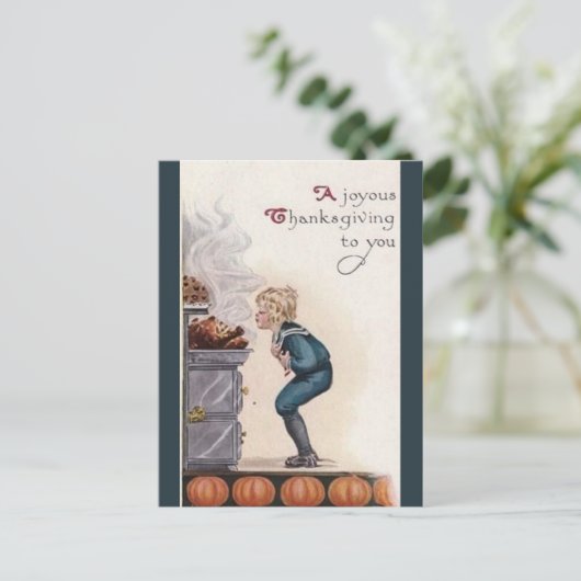 ヴィンテージ少年が七面鳥の感謝祭を嗅ぐ ポストカード (スタンド正面)