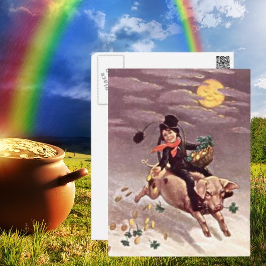 ヴィンテージ少年が豚の聖パトリックの日に乗る ポストカード