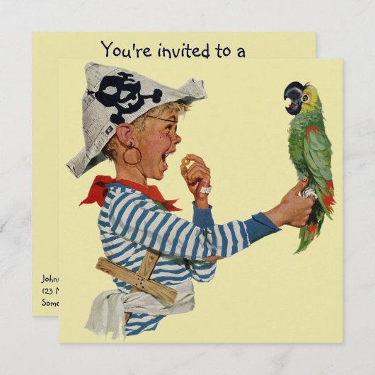 ヴィンテージ少年の海賊のオウム、子供の誕生日パーティー 招待状 (正面/裏面)