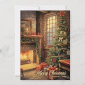 ヴィンテージ居心地の良いインテリアクリスマスツリーと暖炉 シーズンカード (正面)