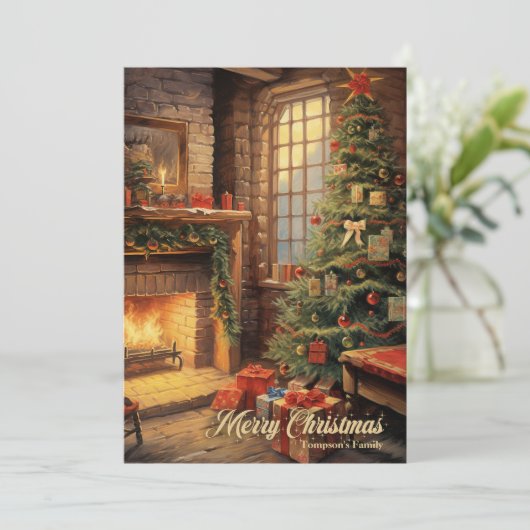 ヴィンテージ居心地の良いインテリアクリスマスツリーと暖炉 シーズンカード (スタンド正面)