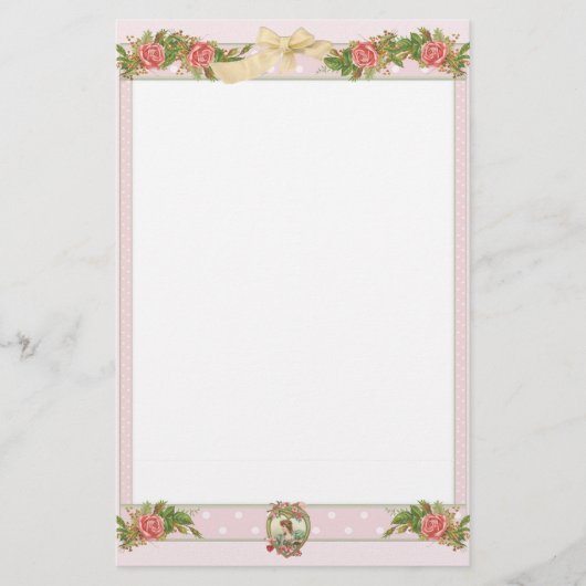 ヴィンテージ屋根裏バラ&ピンク水玉模様 便箋 (正面)