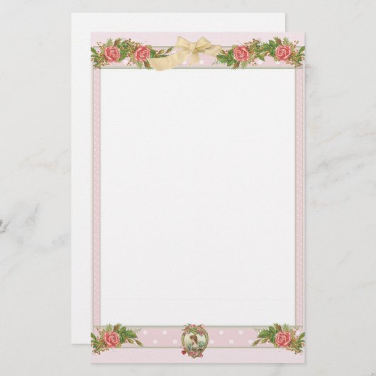 ヴィンテージ屋根裏バラ&ピンク水玉模様 便箋 (正面/裏面)