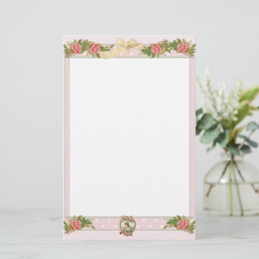 ヴィンテージ屋根裏バラ&ピンク水玉模様 便箋 (スタンド正面)