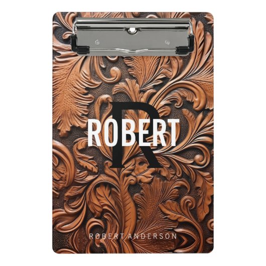 ヴィンテージ工具革モノグラム名 ミニクリップボード (正面)