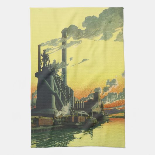 ヴィンテージ工場、波止場製造 キッチンタオル (縦)