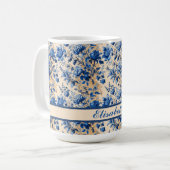 ヴィンテージ布フランスブルーフラワー | お名前 コーヒーマグカップ (正面左)