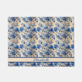 ヴィンテージ布フランスブルーフラワー | お名前 ドアマット (正面)