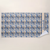 ヴィンテージ布フランスブルーフラワー | お名前 ビーチタオル (正面)