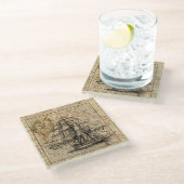 ヴィンテージ帆船と旧ヨーロッパ地図 ガラスコースター (アングル)