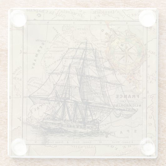 ヴィンテージ帆船と旧ヨーロッパ地図 ガラスコースター (裏面)