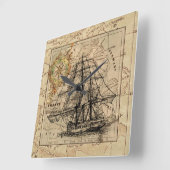 ヴィンテージ帆船と旧ヨーロッパ地図 スクエア壁時計 (傾斜)