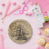 ヴィンテージ帆船と旧ヨーロッパ地図 ペーパープレート (パーティー)