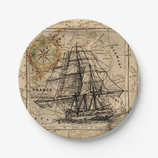 ヴィンテージ帆船と旧ヨーロッパ地図 ペーパープレート (正面)