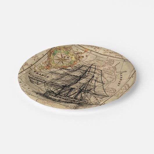 ヴィンテージ帆船と旧ヨーロッパ地図 ペーパープレート (アングル)