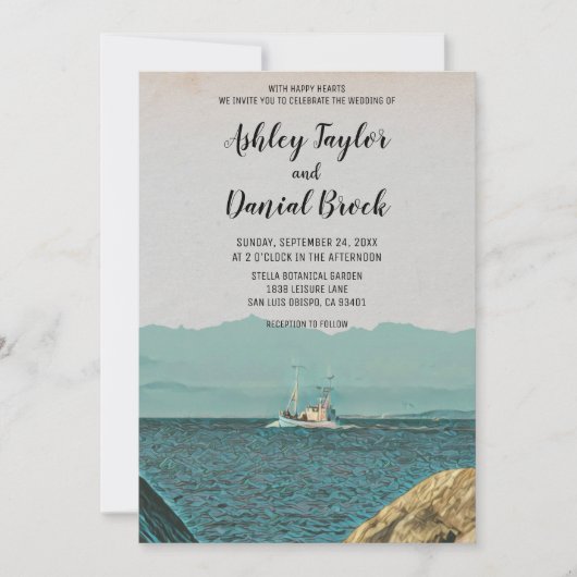 ヴィンテージ帆船海軍の目的地の結婚式 招待状 (正面)