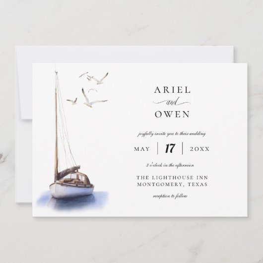 ヴィンテージ帆船航海のテーマ結婚ズ 招待状 (正面)