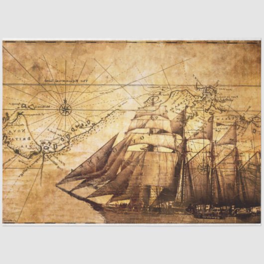 ヴィンテージ帆船&マップデクページティッシュペーパー 薄葉紙 (正面)