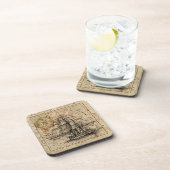 ヴィンテージ帆走船とヨーロッパの古い地図 コースター (右側)