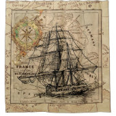 ヴィンテージ帆走船とヨーロッパの古い地図 シャワーカーテン (正面)