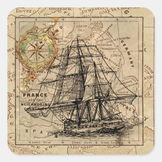 ヴィンテージ帆走船とヨーロッパの古い地図 スクエアシール (正面)