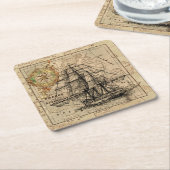 ヴィンテージ帆走船とヨーロッパの古い地図 スクエアペーパーコースター (アングル)