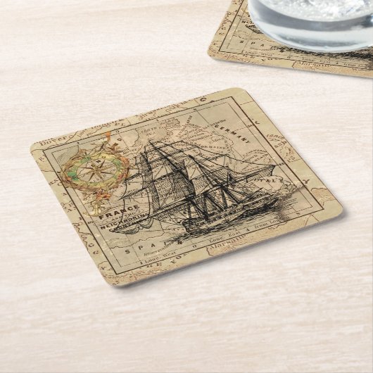 ヴィンテージ帆走船とヨーロッパの古い地図 スクエアペーパーコースター (アングル)