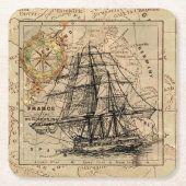 ヴィンテージ帆走船とヨーロッパの古い地図 スクエアペーパーコースター (正面)