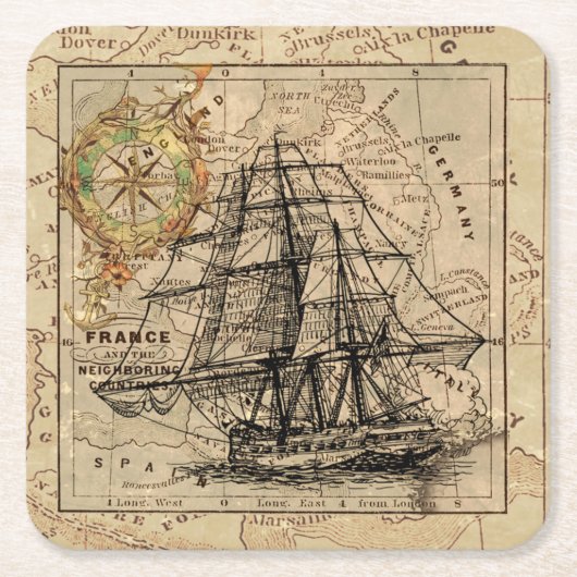 ヴィンテージ帆走船とヨーロッパの古い地図 スクエアペーパーコースター (正面)
