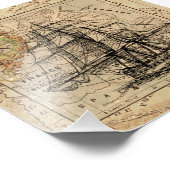 ヴィンテージ帆走船とヨーロッパの古い地図 フォトプリント (角)