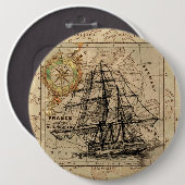 ヴィンテージ帆走船とヨーロッパの古い地図 缶バッジ (正面&裏面)