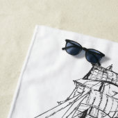 ヴィンテージ帆走船ラインスケッチ帆船 ビーチタオル (インサイチュ)