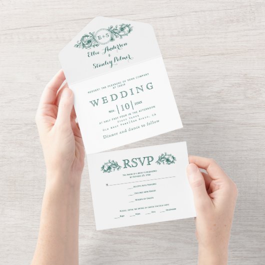 ヴィンテージ常緑フローラフレーム白結婚色 オールインワン招待状 (貼ってはがせる)