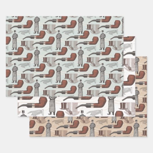 ヴィンテージ帽とパイプ付き紳士 ラッピングペーパーシート (セット)