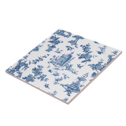 ヴィンテージ幻想的な噴水と木のトイルブルー タイル (側面)