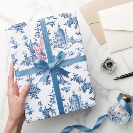 ヴィンテージ幻想的な噴水と木のトイルブルー ラッピングペーパー (ギフト)