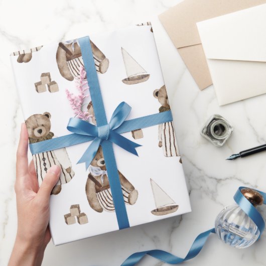 ヴィンテージ幼少期のクマ、引っ張る玩具、ブロック、ボート ラッピングペーパー (ギフト)