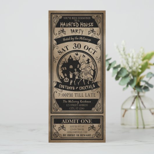 ヴィンテージ幽霊のよく出るハウスハローウィンパーティチケット 招待状 (スタンド正面)