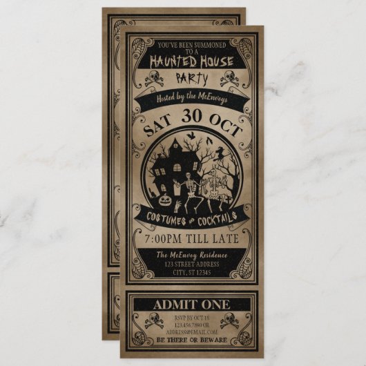 ヴィンテージ幽霊のよく出るハウスハローウィンパーティチケット 招待状 (正面/裏面)