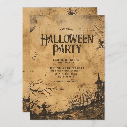 ヴィンテージ幽霊のよく出るハウスハローウィンパーティ 招待状 (正面/裏面)